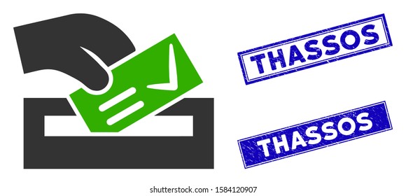 Flat vector vote here pictogram and rectangular Thassos stamps. A simple illustration iconic design of Vote Here on a white background. Blue Thassos rubber stamps with corroded textures.