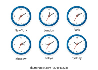 Flat Vector Wall Office Clock Icon Set. Time Zones of Different Cities, White Dial. Design Template of Wall Clock, Timezones. Closeup. Top, Front View