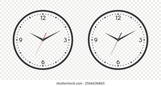 Flat Vector Wall Office Clock Face Set. Clock Dial and Clock Hands Closeup Isolated. Design Template. Simple Minimalistic Wall Clocks in Front View