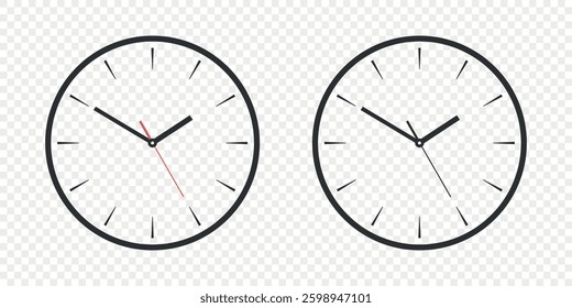 Flat Vector Wall Office Clock Face Set. Clock Dial and Clock Hands Closeup Isolated. Design Template. Simple Minimalistic Wall Clocks in Front View