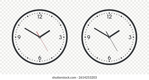 Flat Vector Wall Office Clock Face Set. Clock Dial and Clock Hands Closeup Isolated. Design Template. Simple Minimalistic Wall Clocks in Front View