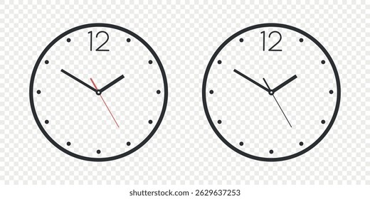 Flat Vector Wall Office Clock Face Set. Clock Dial and Clock Hands Closeup Isolated. Design Template. Simple Minimalistic Wall Clocks in Front View