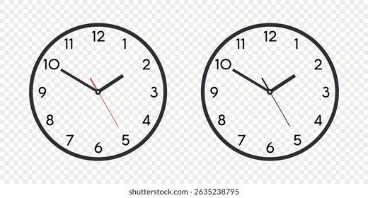 Flat Vector Wall Office Clock Face Set. Clock Dial and Clock Hands Closeup Isolated. Design Template. Simple Minimalistic Wall Clocks in Front View