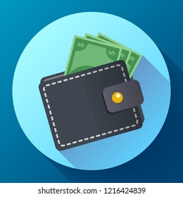 Flat Vector Wallet and Money Icon with long shadow