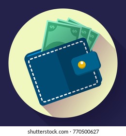 Flat Vector Wallet and Money Icon with long shadow