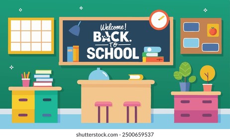 A flat vector wallpaper featuring an array of colorful school supplies like notebooks, pencils, rulers, and backpacks scattered across the background with the text 'Welcome! Back to School"