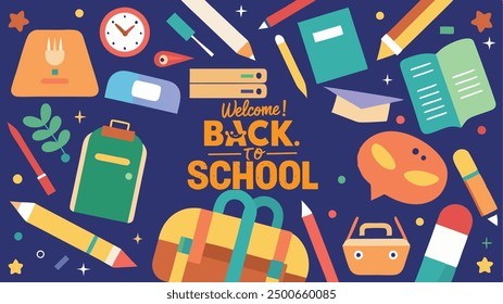 A flat vector wallpaper featuring an array of colorful school supplies like notebooks, pencils, rulers, and backpacks scattered across the background with the text 'Welcome! Back to School" 