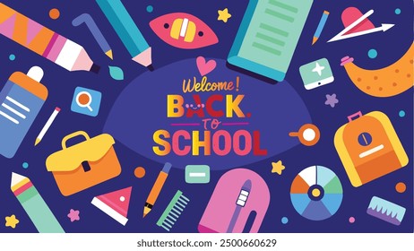 A flat vector wallpaper featuring an array of colorful school supplies like notebooks, pencils, rulers, and backpacks scattered across the background with the text 'Welcome! Back to School" 