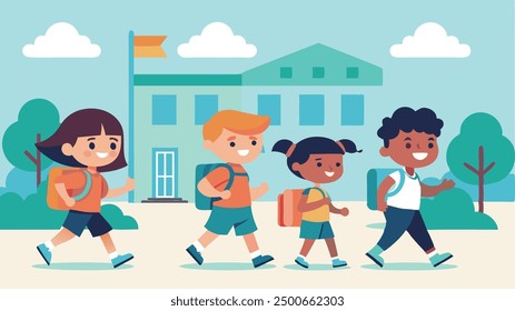 A flat vector wallpaper showing a group of diverse children happily walking towards a school building, carrying backpacks and books 