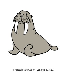 Flat Vector Walrus Illustration, Cartoon Design with GrayishBrown Body and Curved Tusks, Clean Minimalist Style