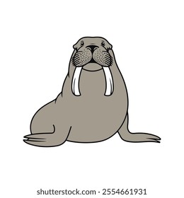 Flat Vector Walrus Illustration, Cartoon Design with GrayishBrown Body and Curved Tusks, Clean Minimalist Style