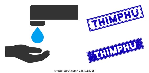 Flat vector water saving pictogram and rectangular Thimphu rubber prints. A simple illustration iconic design of Water Saving on a white background. Blue Thimphu rubber stamps with dirty textures.
