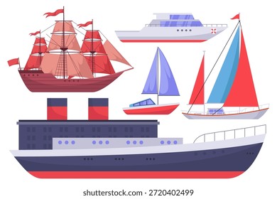 Flat Vektor Wassertransport Set mit Kreuzfahrtschiff, Segelboote, Yacht, Motorboot, Vintage Segelschiff. Cartoon-Sammlung auf weißem Hintergrund.
