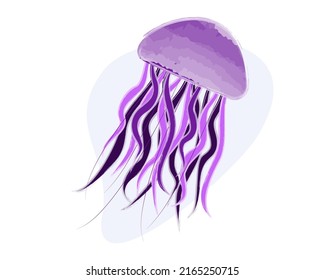 Flat vector watercolor illustration of purple jellyfish with abstract background