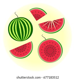 Flat vector watermelon set - full fruit and split in a half, quarter, sliced on pieces. Cute colorful summer fruit