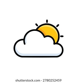 A flat vector weather icon showing a yellow sun partially obscured by a soft white cloud with bold black outlines isolated on a white background