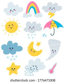 Flat Vector Weather Illustrations Set In Primitive Style Isolated On White Background. Clouds, Sun, Rainbow, Rain, Moon, Sun, Tornado, Wind, Snow, Thermometer And Stars With Faces In A Cartoon Style.