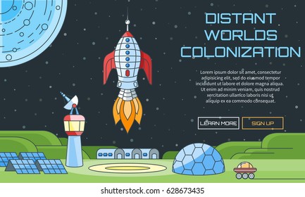 Flat vector web background on the theme of distant worlds colonization. Modern flat illustration with text