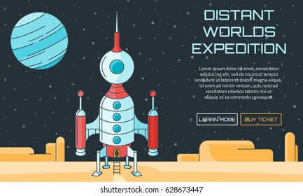 Flat vector web background on the theme of distant worlds exploration. Modern flat illustration with text