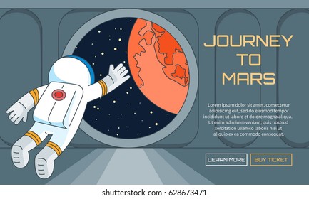 Flat vector web background on the theme of journey to mars. Modern flat illustration with text