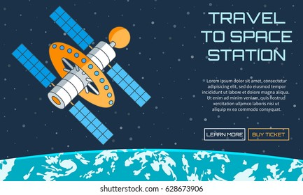 Flat vector web background on the theme of travel to space station. Modern flat illustration with text