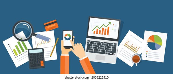 Flat vector web banner design for business finance investment planning with performance report document and statistical and Data analysis design concept and handhold mobile 