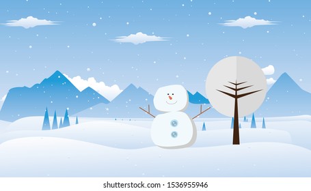 Flat vector web banner on snowman, holiday mountain hill in December. Flat Vector Illustration. Flat Design Background. Web vector illustration. Vector Background.