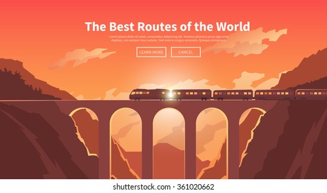 Flat vector web banner on the theme of travel by train, high speed train, vacation, mountain landscape, railway, adventure. Sunset sky. The bridge, mountain railway. Stylish modern flat design.