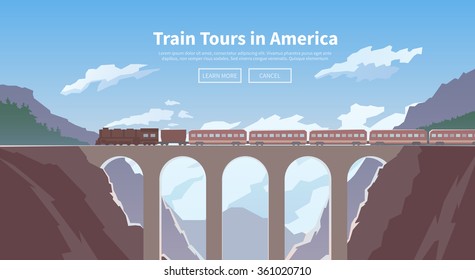 Flat vector web banner on the theme of travel by train, steam locomotive, vacation, mountain landscape, railway, adventure. The bridge, mountain railway. Stylish modern flat design.