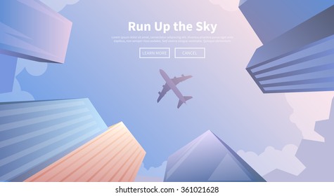 Flat vector web banner on the theme of travel by airplane, vacation, adventure. Airplane flying over business skyscrapers, high-rise buildings. Transport, transportation, travel. Modern flat design.