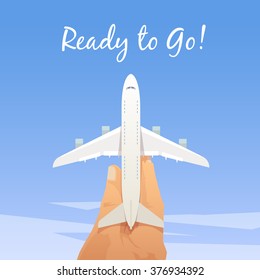 Flat vector web banner on the theme of travel by airplane, vacation, adventure. Toy airplane in hand. Modern flat design. #2