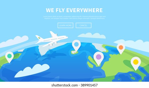 Flat vector web banner on the theme of travel by airplane, vacation, adventure. Transport, transportation. Modern flat design.