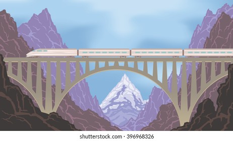 Flat vector web banner on the theme of travel by train, steam locomotive, vacation, mountain landscape, railway, adventure.  The bridge, mountain railway
