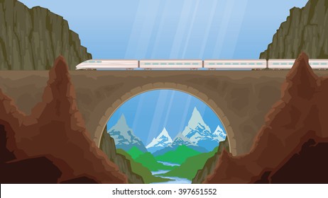 Flat vector web banner on the theme of travel by train, steam locomotive, vacation, mountain landscape, railway, adventure. The bridge, mountain railway.