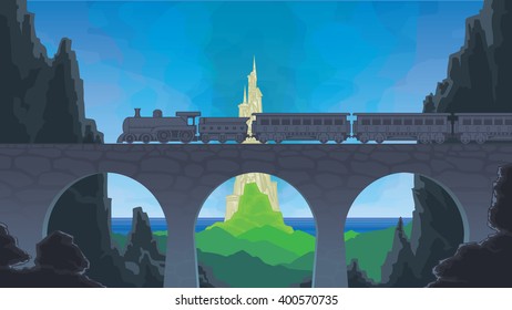 Flat vector web banner on the theme of travel by train, steam locomotive, vacation, mountain landscape, railway, adventure. The bridge, mountain railway,sea, castle, harbor.