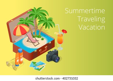 Flat vector web banner on the theme of travel , vacation, adventure. Preparing for your journey. 