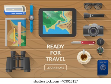 Flat vector web banner on the theme of travel , vacation, adventure. Preparing for your journey. Outfit of modern traveler. Objects on wooden background. Top view. Ready for Summer.