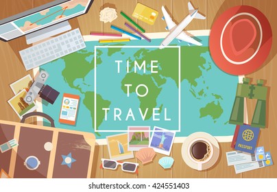 Flat vector web banner on the theme of travel , vacation, adventure. Preparing for your journey. Outfit of modern traveler. Objects on wooden background. Top view. Time to travel. #3