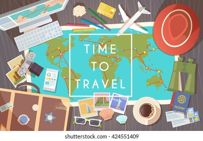 Flat vector web banner on the theme of travel , vacation, adventure. Preparing for your journey. Outfit of modern traveler. Objects on wooden background. Top view. Time to travel. #1