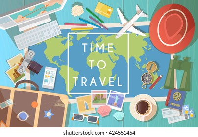 Flat vector web banner on the theme of travel , vacation, adventure. Preparing for your journey. Outfit of modern traveler. Objects on wooden background. Top view. Time to travel. #2