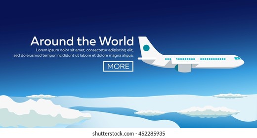 Flat vector web banner on the theme of travel by airplane, vacation, adventure. Around the World