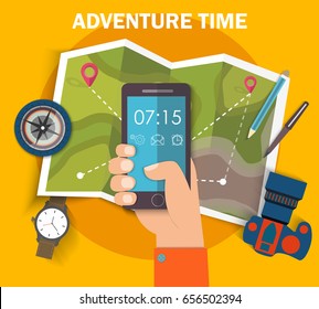 Flat vector web banner on the theme of travel , vacation, adventure. Preparing for your journey. Outfit of modern traveler. Objects on color background. Top view. Time to travel. EPS10