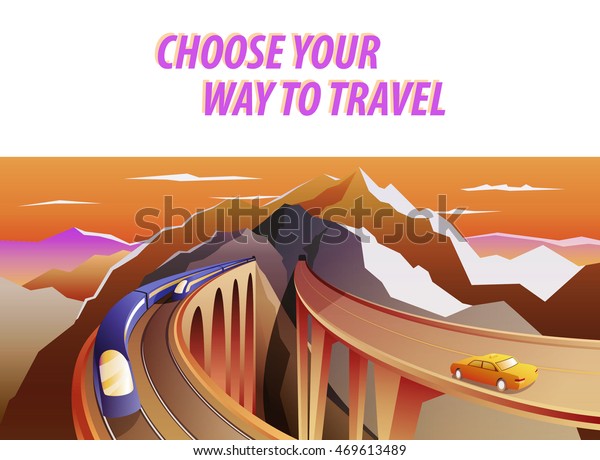 Flat vector web banner on the theme of\
travel by car, vacation, bridge landscape, railway, adventure.\
Sunset sky.  Vector\
illustration