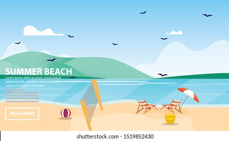 Flat vector web banners on the theme of Summer Beach, Holiday, Ocean, Vacation, Island, sunset, paradise . Flat Vector Illustration. Flat Design Background. Web vector illustration. Vector Background.