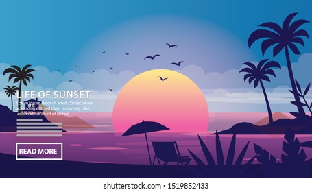 Flat vector web banners on the theme of Summer Beach, Holiday, Ocean, Vacation, Island, sunset, paradise . Flat Vector Illustration. Flat Design Background. Web vector illustration. Vector Background.