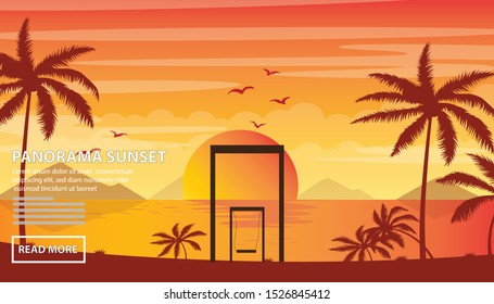 Flat vector web banners on the theme of beach sunset, sea, ocean, sunny, sunshine, paradise, coastline. Flat Vector Illustration. Flat Design Background. Web vector illustration. Vector Background.