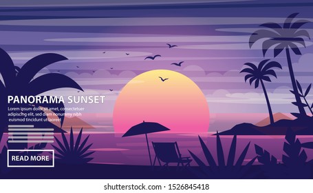 Flat vector web banners on the theme of beach sunset, sea, ocean, sunny, sunshine, paradise, coastline. Flat Vector Illustration. Flat Design Background. Web vector illustration. Vector Background.