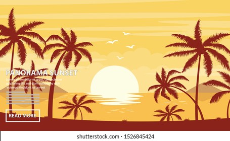 Flat vector web banners on the theme of beach sunset, sea, ocean, sunny, sunshine, paradise, coastline. Flat Vector Illustration. Flat Design Background. Web vector illustration. Vector Background.