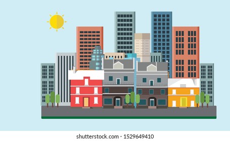 Flat vector web banners on the theme of High Risk Building, District, Tower, Urban City, Night City. Flat Vector Illustration. Flat Design Background. Web vector illustration. Vector Background.