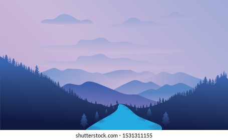 Flat vector web banners on the theme of Mountain Hill, Travel, Summer, Panorama, Spring, Countryside. Flat Vector Illustration. Flat Design Background. Web vector illustration. Vector Background.